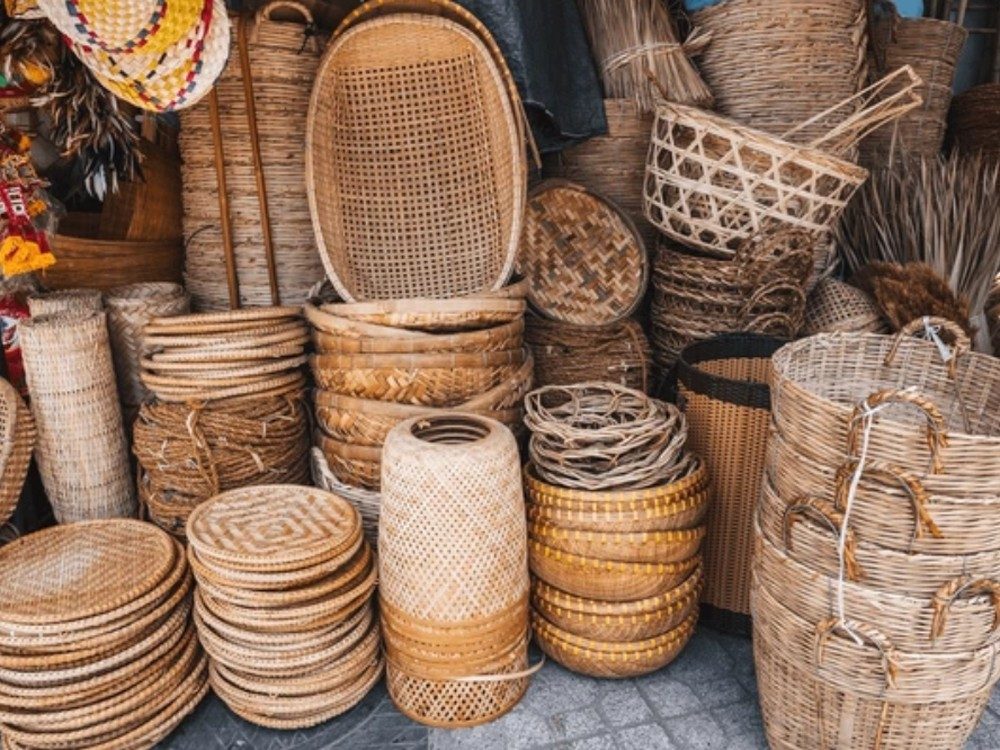 Artisan workshop with woven baskets and earthenware